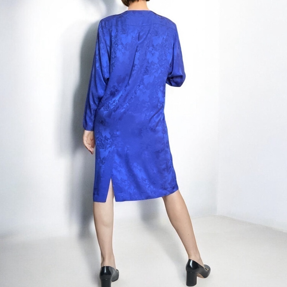 Gumps Silk Dress Vintage 80s Blue Floral Shirtdress - Picture 3 of 15